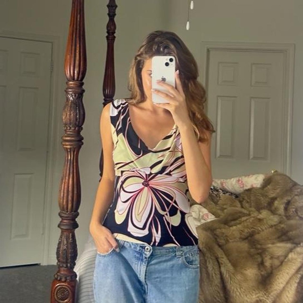vintage 00s abstract floral cowl neck top